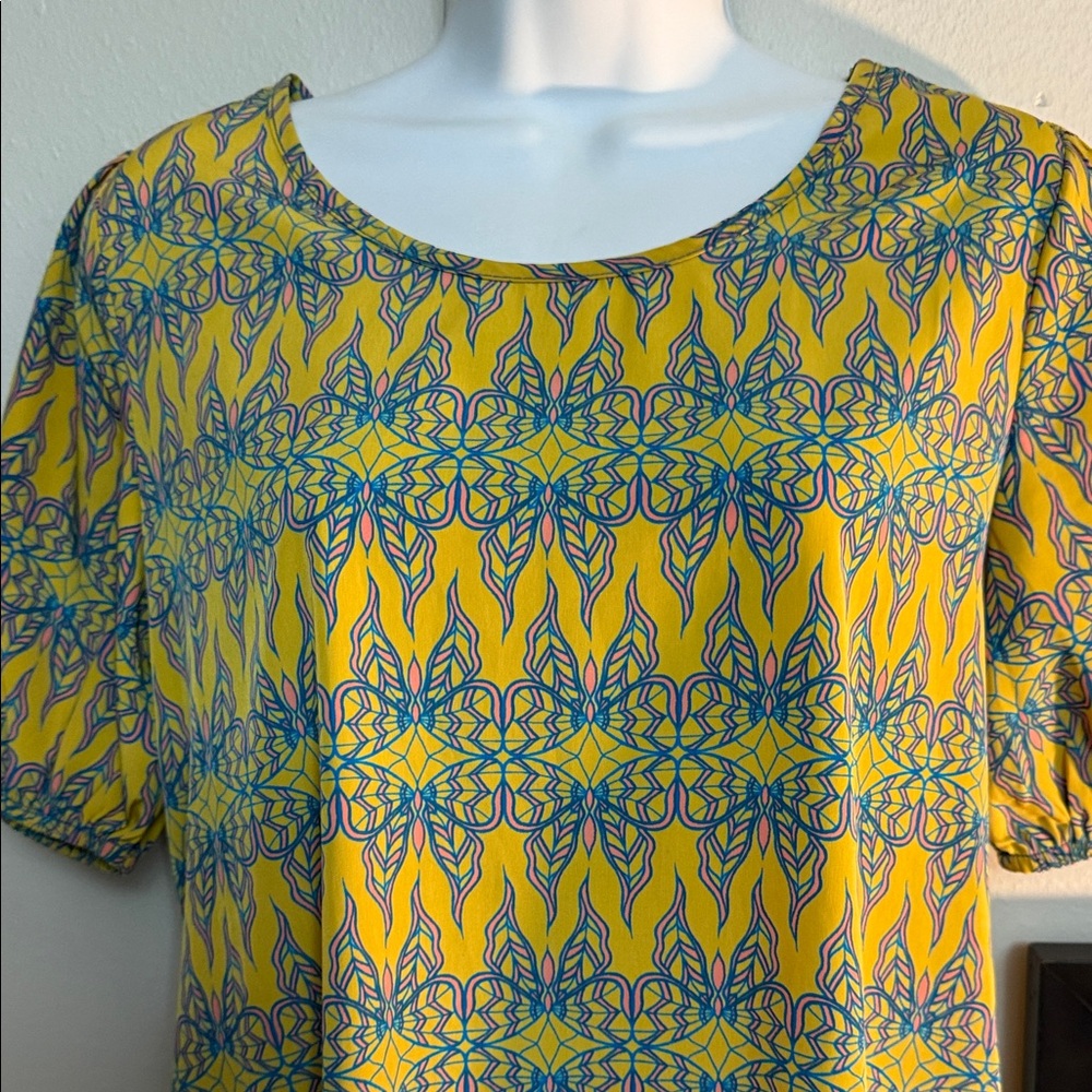 Birdcage size S Buttery Yellow and Blue Patterned Dress EUC - Picture 2 of 5